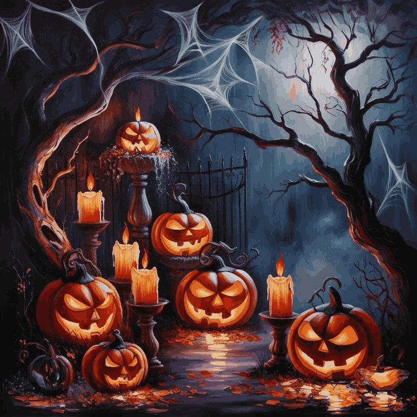 "Spooky Halloween Scene" Paint by Numbers Kit - 1cb1f054f33e297237fe38a397949a09