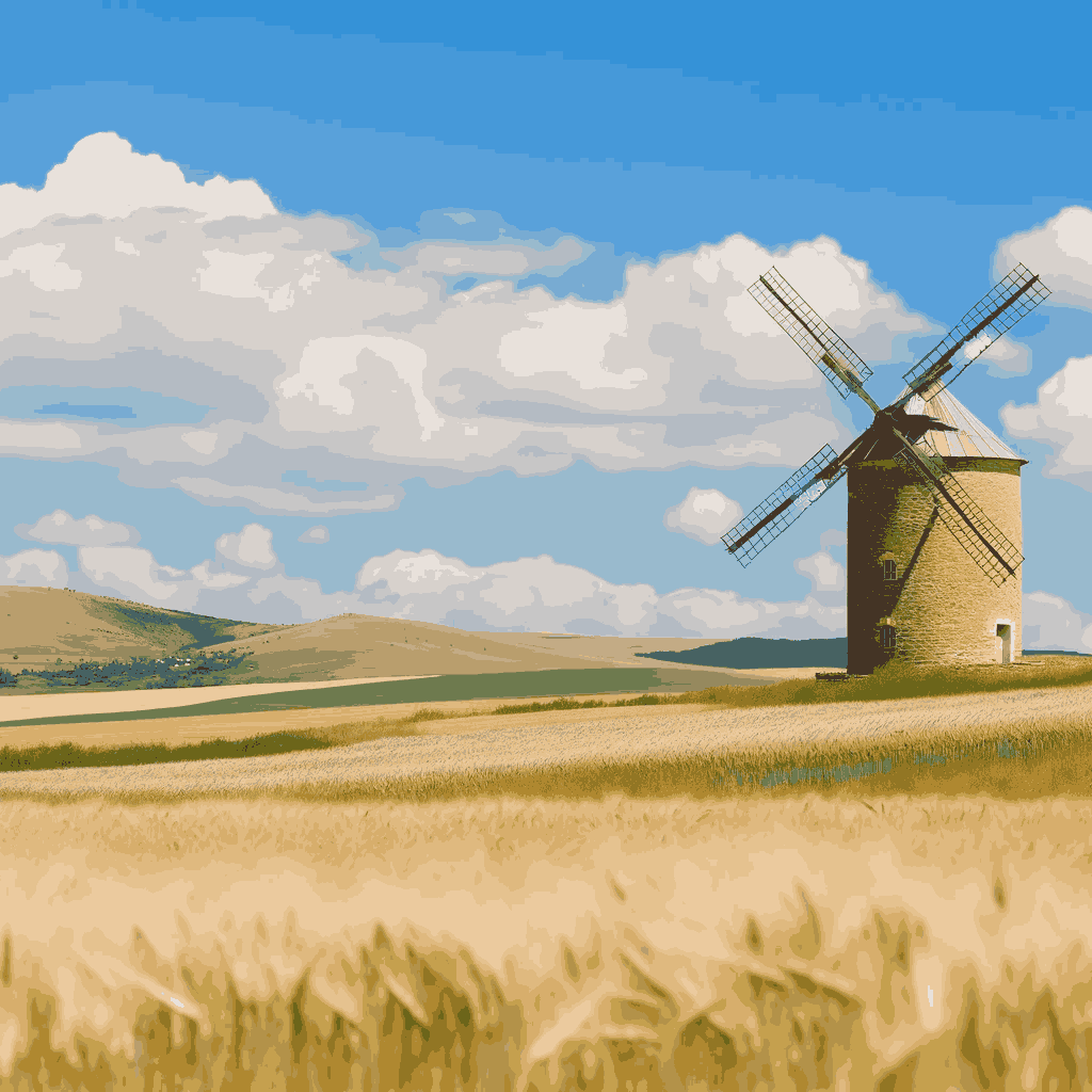 "Harmony Windmill" Paint by Numbers Kit - DALL_E2024-03-2512.26.38-Anoldpicturesquewindmillsetagainstabackdropofrollingcountrysidehills_fieldsofwheatswayinginthebreeze_underaskywithdriftingclou-quantized_d8fb2f22-956b-43f7-a3