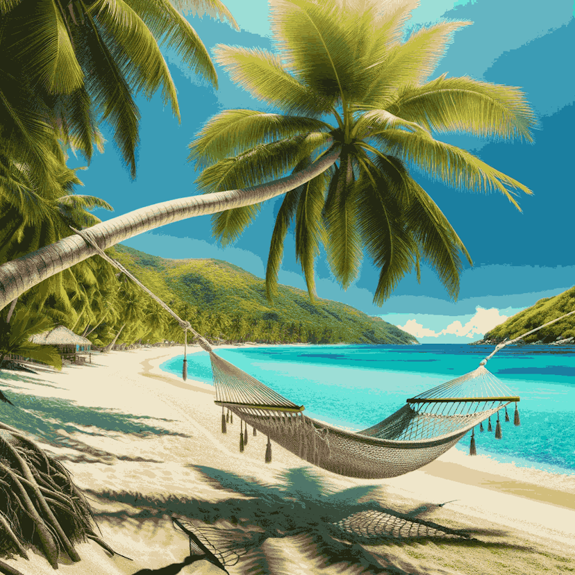 "Tropical Tranquility" Paint by Numbers Kit - DALL_E2024-03-2512.27.13-Atropicalbeachscenewithclearturquoisewaters_whitesandyshores_palmtreesswaying_andahammocktiedbetweentwotrees-quantized_8aade6c0-be6d-4f67-8b9e-6d3f78e6d092