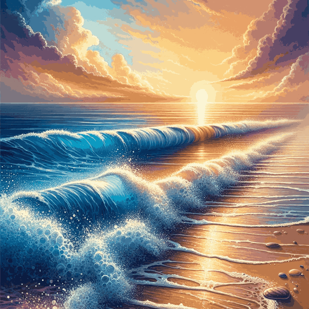 "Sunset Serenity" Paint by Numbers Kit - DALL_E2024-05-2814.05.02-Visualizeaserenebeachsceneatsunset_wherethecentralfocusisagentlewavecrashingontothesandyshore.Intheforeground_thewave_sfoama-quantized