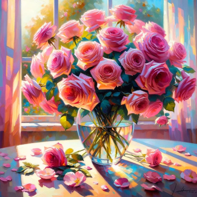"Sunlit Rose Bouquet" Paint by Numbers Kit - DALL_E_2024-05-04_12.09.57_-_A_vibrant_painting_depicting_a_bouquet_of_pink_roses_arranged_in_a_clear_glass_vase._The_roses_vary_in_shades_from_soft_to_deep_pinks._The_setting_is_0217_8ec367bb-dec0-489a-8f0a-15f43911c16a