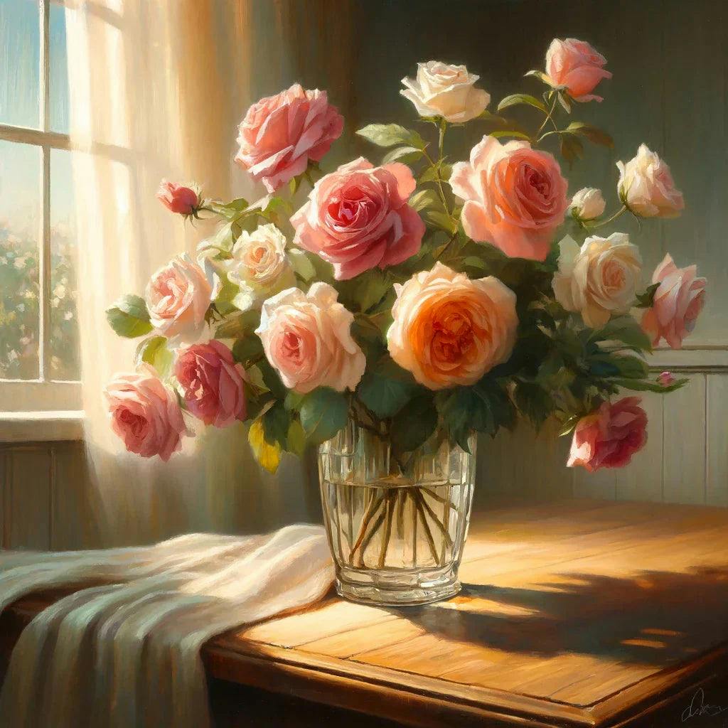 "Morning Light Rose Bouquet" Paint by Numbers Kit - DALL_E_2024-05-04_13.01.50_-_A_still_life_painting_depicting_a_bouquet_of_roses_in_various_shades_of_pink_and_peach_placed_in_a_clear_glass_vase_on_a_wooden_table._The_setting_in_66d7