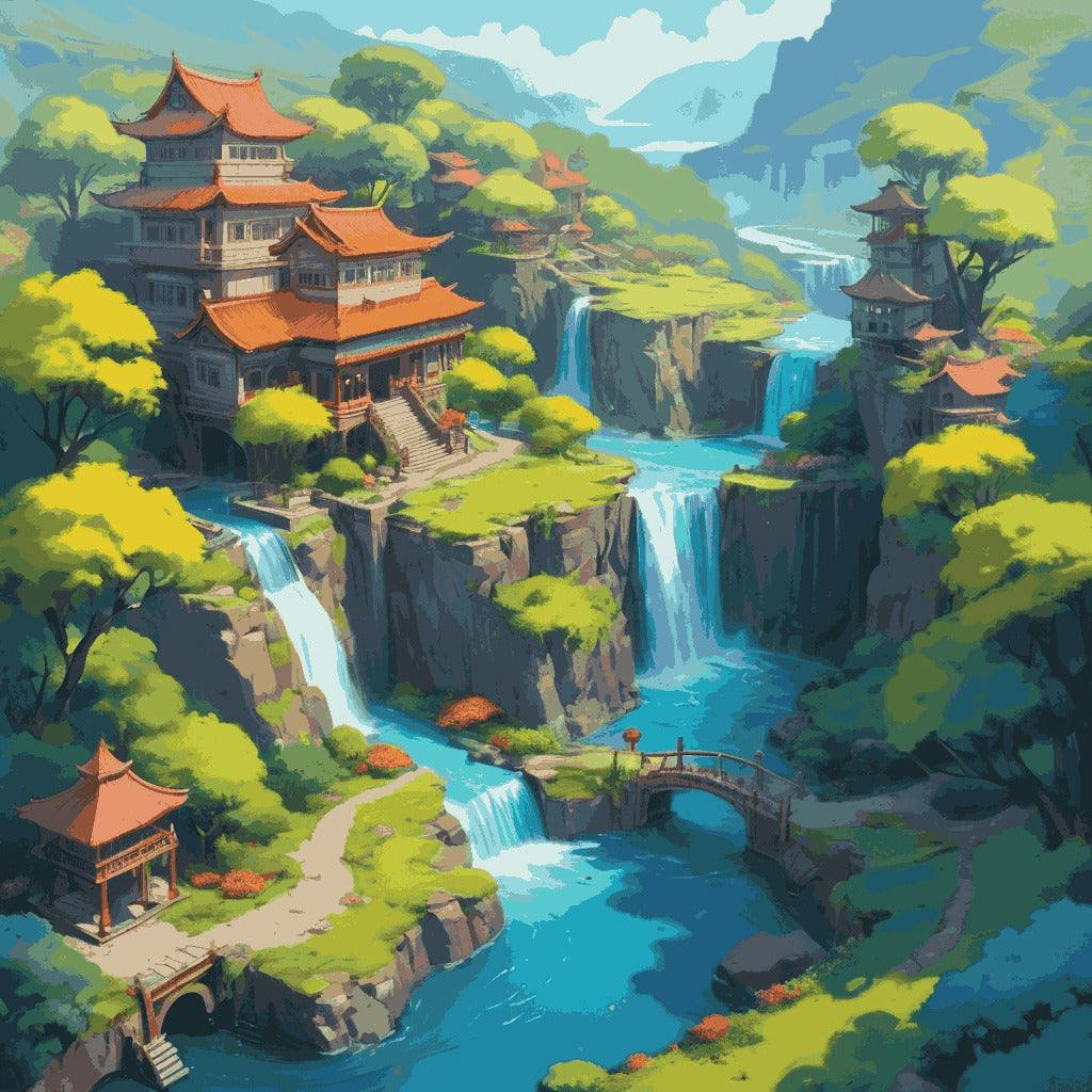 "Waterfall Retreat" Paint by Numbers Kit - Default_Acrylic_painting_of_TA_highly_detailed_colorful_archit_1-quantized_80632ad6-6283-4f6e-bfc8-b1cd52eb32c3