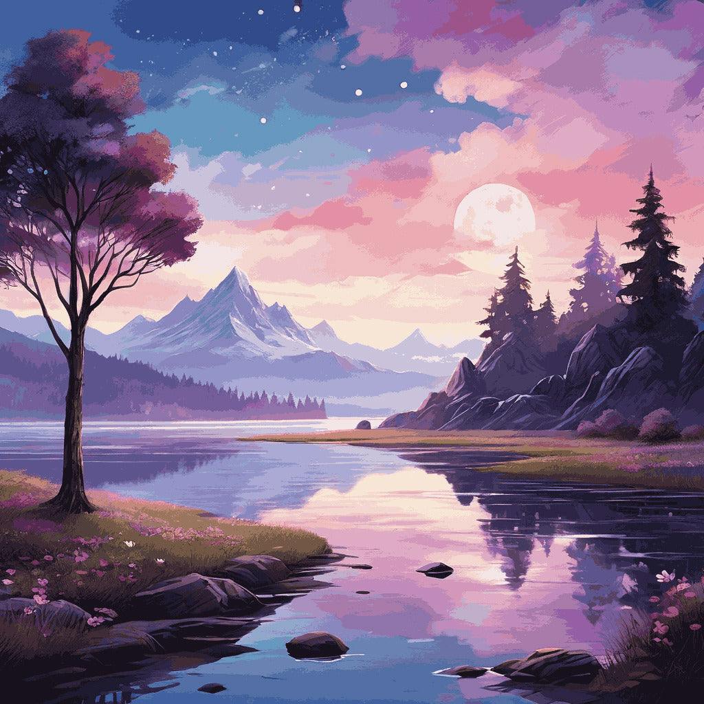 "Moonlit Mountain Serenity" Paint by Numbers Kit - default_acrylic_painting_of_a_beautiful_painting_with_a_dreamy_1_165a32cd-d943-4e06-a475-558336b0a15b-quantized