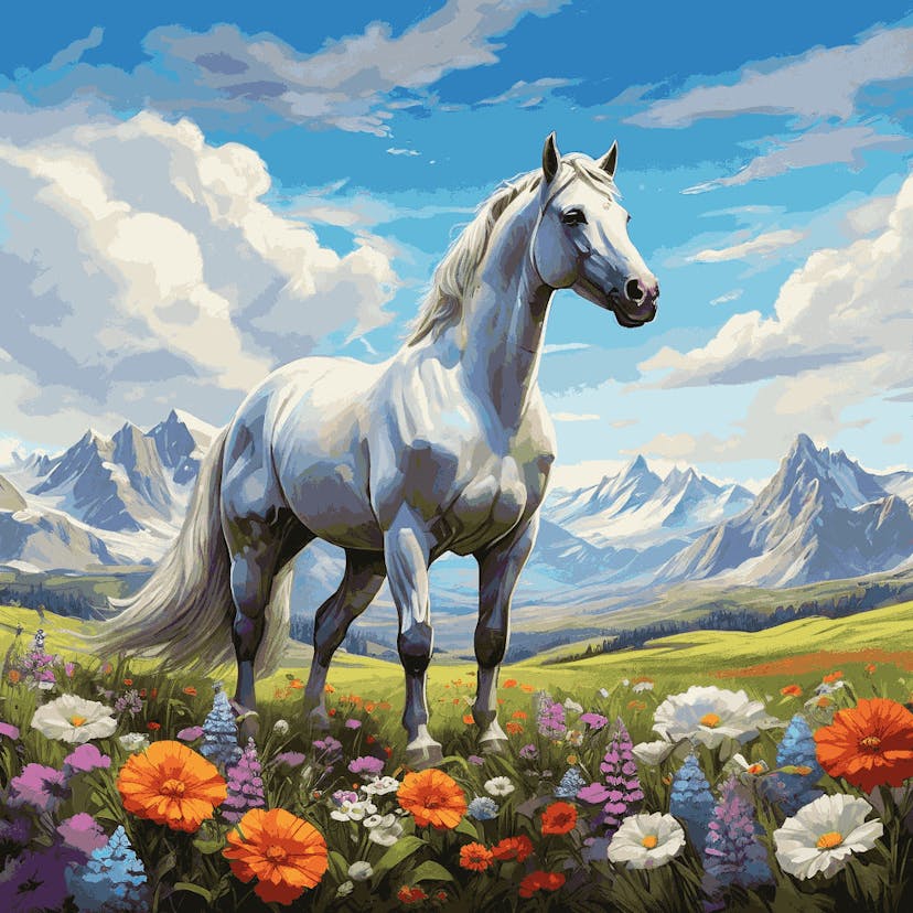 "Majestic White Stallion" Paint by Numbers Kit - default_acrylic_painting_of_a_beautiful_painting_with_a_white_0_06b20923-8e49-411e-b0b4-403938f4fb21-quantized