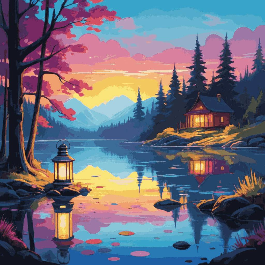 "Lakeside Retreat" Paint by Numbers Kit - default_acrylic_painting_of_a_beautiful_painting_with_lantern_1-quantized_d74f5260-20d3-46fd-96ba-0f242c7fe553