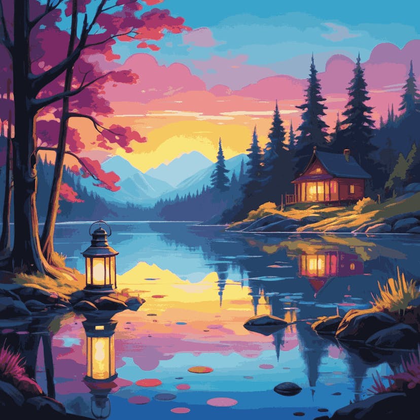 "Lakeside Retreat" Paint by Numbers Kit - default_acrylic_painting_of_a_beautiful_painting_with_lantern_1-quantized_d74f5260-20d3-46fd-96ba-0f242c7fe553